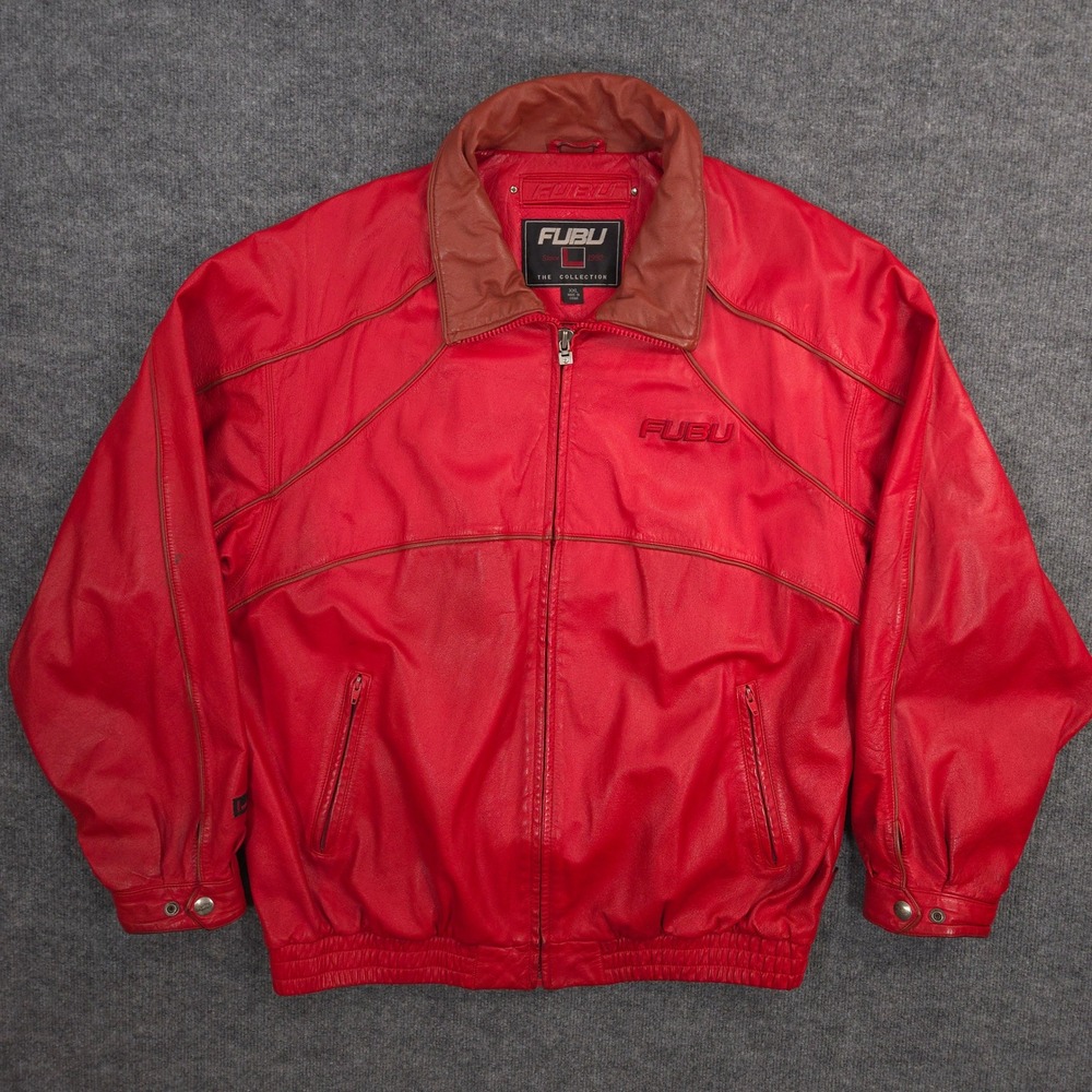 Vintage FUBU Genuine Leather Bomber Jacket Mens XXL Red Hip Hop Street 90s Y2K